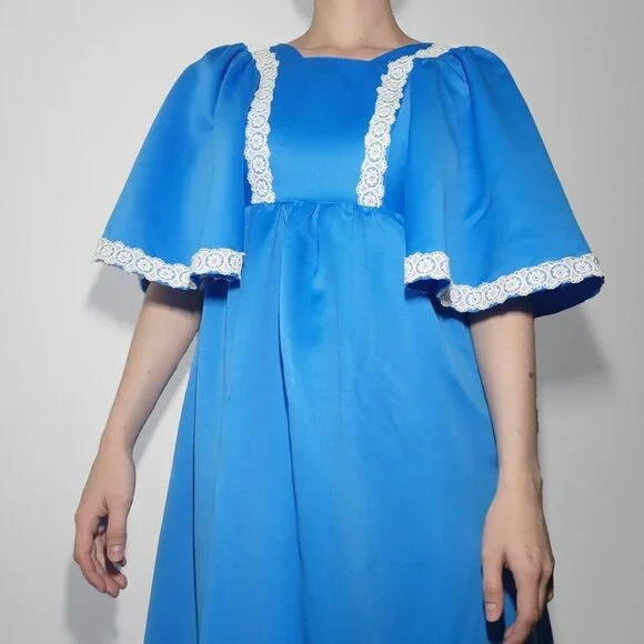 Vintage 70s Gunne Sax style cottagecore big sleeved blue babydoll maxi dress - Picture 2 of 7